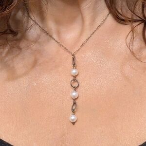 Vintage Y2K Triple Strand Pearl Lariat Sterling Silver Necklace